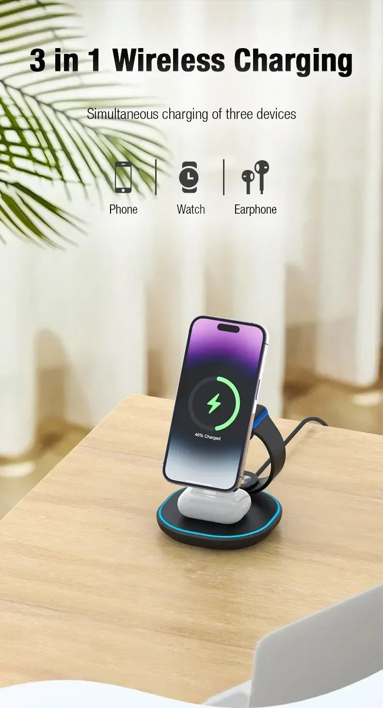 Soporte de cargador inalámbrico magnético 3 en 1 para Magsafe iPhone 16 15 14 13 Pro Max Apple Watch 9 8 AirPods Pro estación de carga rápida